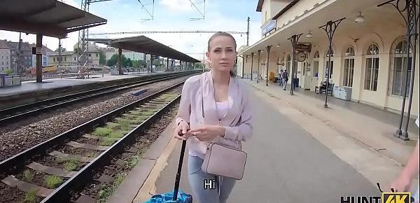 HUNT4K. Elegant coquette makes money for train using her sexy body